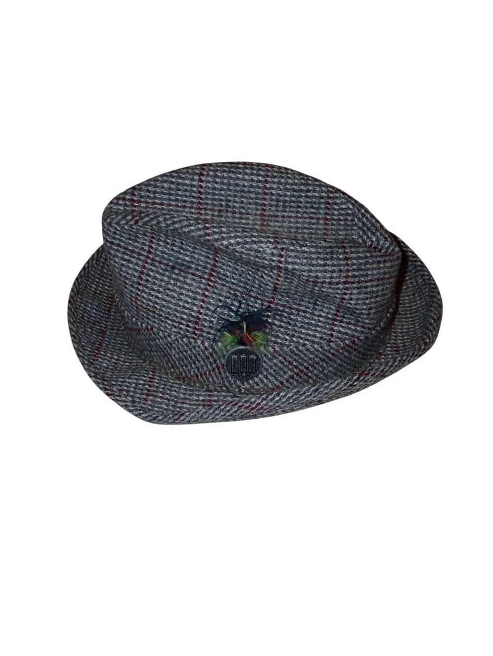 VTG Fitzgerald Boston Fedora Mens 7 1/4 Gray Plaid Tweed Pork Pie Hat Feather